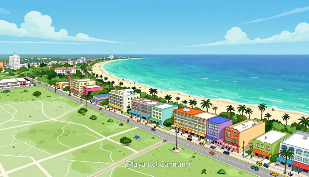 A detailed map illustration of Playa del Carmen in Quintana Roo, Mexico. In the foreground, include distinct landmarks such as the iconic beachside resorts and vibrant streets bustling with activity. In the middle ground, showcase the lush tropical vegetation and palm trees that frame the coastline, highlighting the beautiful turquoise waters of the Caribbean Sea. In the background, include a clear blue sky with soft, wispy clouds to enhance the tranquil atmosphere. Use a wide-angle lens perspective to capture a panoramic view while ensuring vivid colors to reflect the lively mood of this popular destination. The image should evoke a sense of exploration and relaxation, inviting the viewer to discover the charm of Playa del Carmen. A detailed map illustration of Playa del Carmen in Quintana Roo, Mexico. In the foreground, include distinct landmarks such as the iconic beachside resorts and vibrant streets bustling with activity. In the middle ground, showcase the lush tropical vegetation and palm trees that frame the coastline, highlighting the beautiful turquoise waters of the Caribbean Sea. In the background, include a clear blue sky with soft, wispy clouds to enhance the tranquil atmosphere. Use a wide-angle lens perspective to capture a panoramic view while ensuring vivid colors to reflect the lively mood of this popular destination. The image should evoke a sense of exploration and relaxation, inviting the viewer to discover the charm of Playa del Carmen.